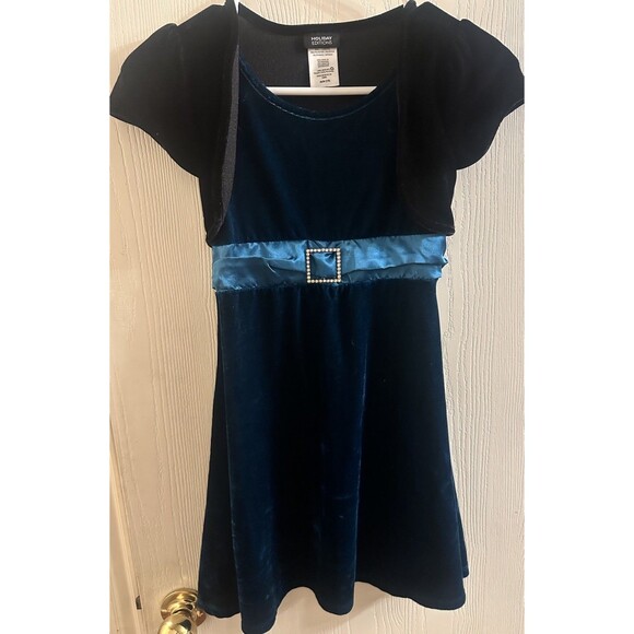 Holiday Editions Girls Fancy Christmas Dress Modest Teal Blue Velvet Size 7/8 - Picture 1 of 4